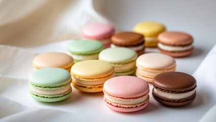 Obraz premium Macro image of dessert for coffee. Multicolored macarons on a clean white background. Superior quality photo.
