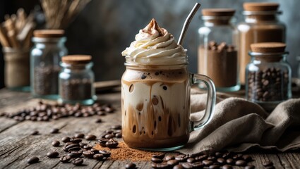 Iced mocha latte coffee in a glass jar with a straw on a wooden table featuring ingredients and ample copy space