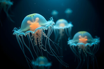A Stunning View of Bioluminescent Comb Jellies Floating in the Deep Ocean, A Captivating Display of Marine Life's Natural Beauty and Underwater Wonder