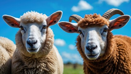 Fototapeta premium Close-up image of two adorable young sheep against a blue sky backdrop, farm animals