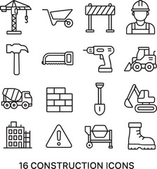 Set of 16 outline icons related to construction. First set. Linear icon collection. Editable stroke. Vector illustration