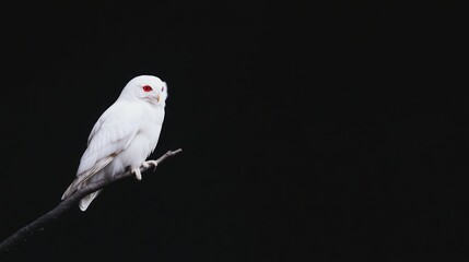Obraz premium White owl perched on branch against black background