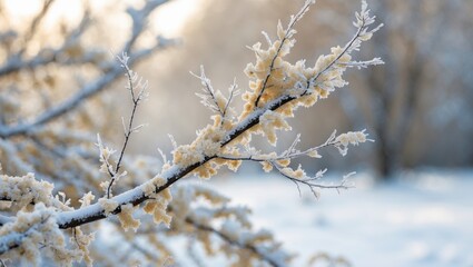 Frost and snow on tree branches, winter scene background, close-up of icy texture, outdoor natural landscape, peaceful winter aesthetic.