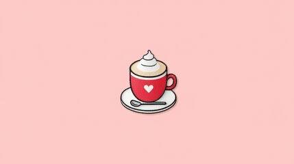 Pixel Art Red Coffee Cup with Whipped Cream on Pink Background
