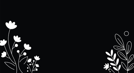 Obraz premium Black and white floral background. Elegant white floral patterns and leaves on a sleek black backdrop create a timeless and artistic design. Vector illustration wallpaper design.