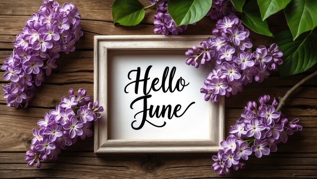 Hand lettered card for June adorned with lilac flowers on a rustic wood background.