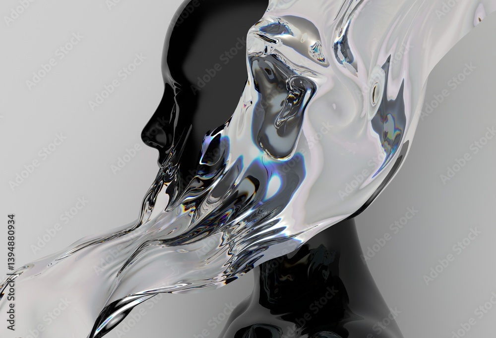 Poster Black head sculpture is enveloped by a flowing, translucent liquid, creating a surreal visual with contrasting solid and fluid elements, evoking movement and transformation.