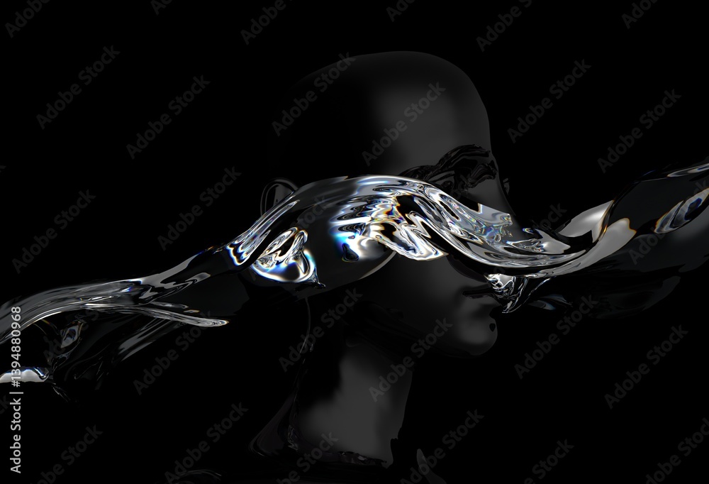 Aufkleber 3d illustration showing a fluid, abstract form resembling a human head merging with a flowing, gloss