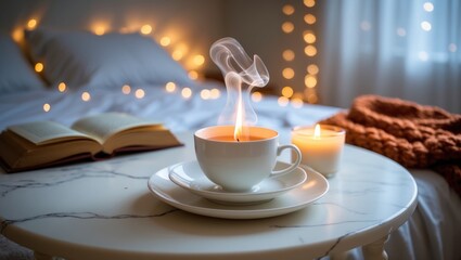 Fototapeta premium Marble table featuring coffee pot, tea cup, and burning candle in illuminated bedroom.