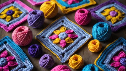 Granny squares, crocheted by hand, form the background.