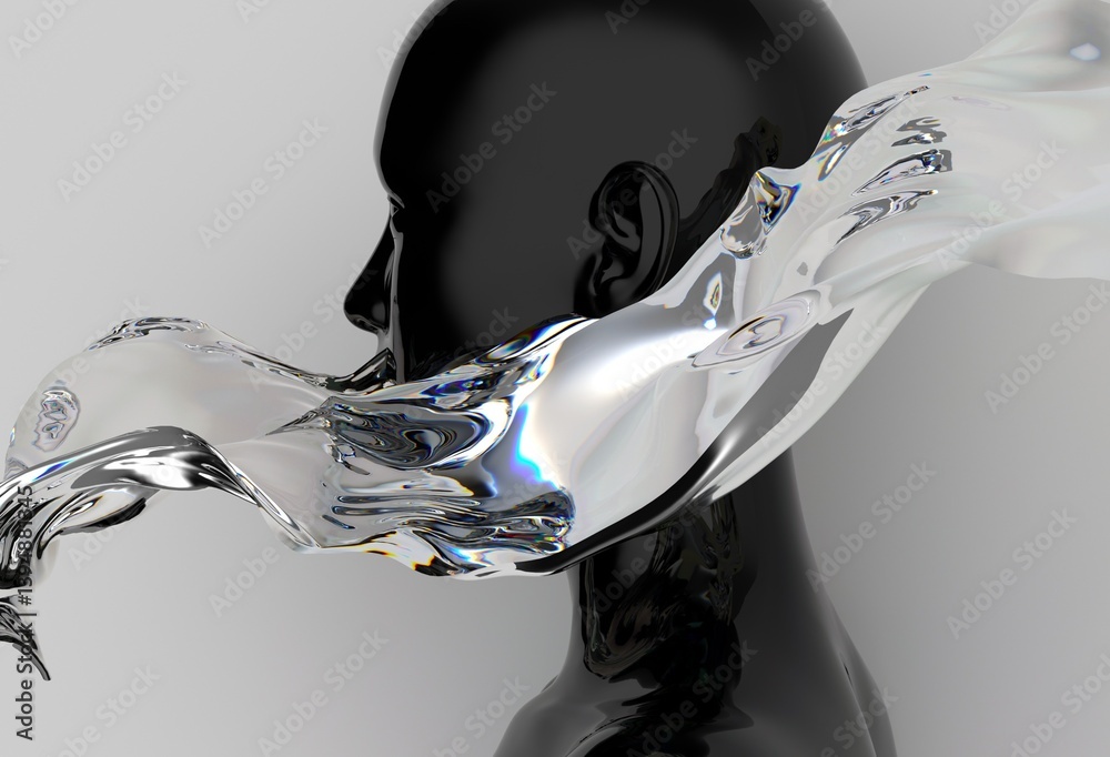 Poster black head sculpture is enveloped by a flowing, translucent liquid, creating a surreal visual with c