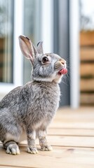 Cute grey rabbit with tongue out on wooden deck