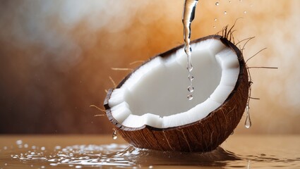 Fresh coconut water with nut fruit pieces on a vibrant background
