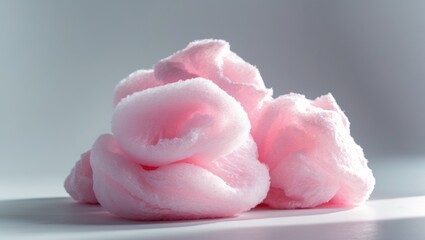 Pink spun sugar in a close-up view on a white surface.