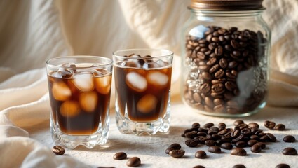 Iced cold brew coffee served in a glass with coffee beans contained in a jar on a white background. Top-down view, blank area.