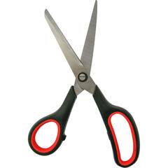 A pair of scissors with red and black handles, designed for cutting various materials.