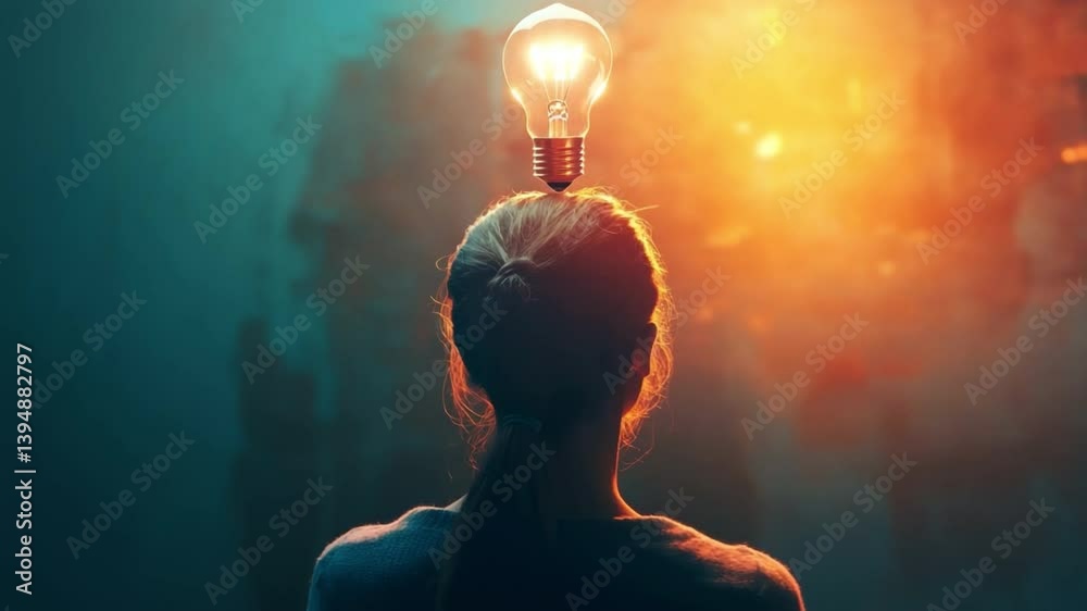 Poster Brainstorm: Illuminate the spark of innovation with this captivating visual. A woman's silhouette with a luminous lightbulb hovering above the head, symbolizing the birth of ideas.
