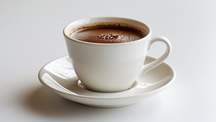 Obraz premium Cup of coffee with saucer on a white backdrop.
