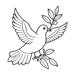 A black and white line art illustration of a dove as a Catholic symbol, with simple and thick outlines suitable for young children. 