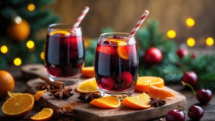 Fototapeta premium A pair of glasses filled with cherry mulled wine, enhanced by cherry juice, orange, cinnamon, star anise, and cloves. Celebratory vibe with yellow garland lights in the backdrop.
