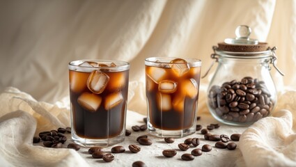 Chilled brewed coffee in a glass with a jar of coffee beans against a white background. Bird's eye view, available space.