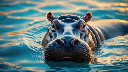 Fototapeta premium Hippo's head visible in azure waters. Animal in its natural aquatic setting. Wildlife scene from the natural world.