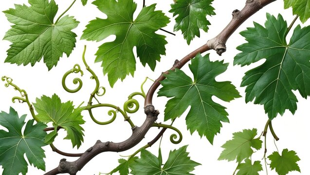 Grape leaves arranged in a collage on intricately intertwined branches against a white background.