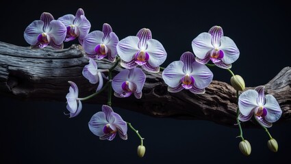 Naklejka na ściany i meble Close-up shot of flowering tropical epiphytic orchid species resting on wood with a black backdrop
