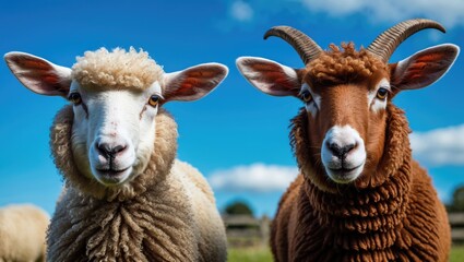 Fototapeta premium Zoomed-in portrait of two delightful young sheep in front of a blue sky, domestic animals on a farm
