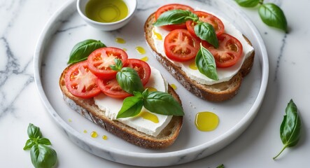 Toasts or sandwiches topped with tomatoes, cream cheese, olive oil, and basil on a white marble surface. Classic dish. Horizontal, overhead view, flat lay