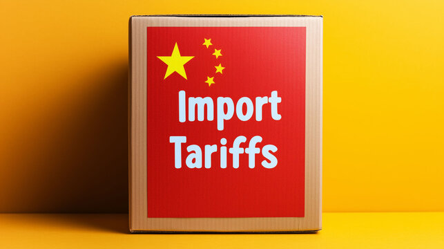 Us and China import tariffs reciprocal trade war concept with cardboard box with China flag isolated