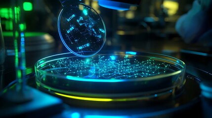 Close-up of a futuristic laboratory scene featuring a glowing petri dish under a microscope, showcasing vibrant blue and green bioluminescent elements in a dark setting, emphasizing scientific