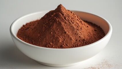 Isolated white background with cocoa powder in a white bowl. Clipping path