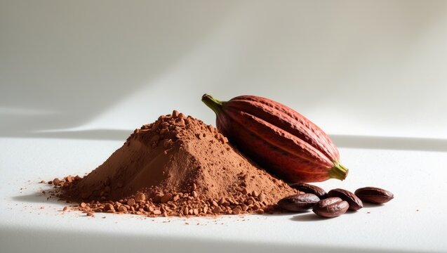 Cocoa powder and cocoa beans with pods set against a white backdrop.