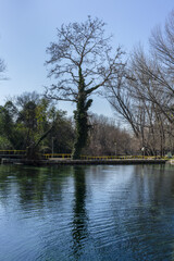 Stunning view from the springs of Agia Barbara. A small complex of springs, rivers and lakes that surrounds an urban park on the edge of the city of Drama. Macedonia. Southern Greece.