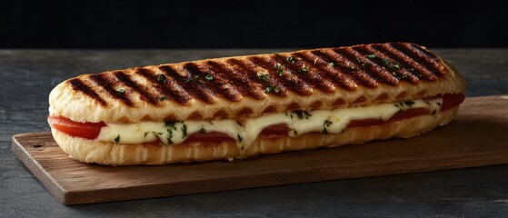 Delicious grilled panini with melted mozzarella cheese and fresh tomato slices on rustic wooden board against dark background