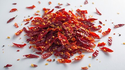 Fototapeta premium Dried chili seeds and flakes on a plain background