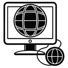 Modern Computer With Internet Connection Globe Icon Internet Technology Concept For Web Design And Communication Network In Monochrome Style