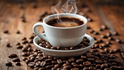 Obraz premium Wooden background with a coffee cup and coffee beans