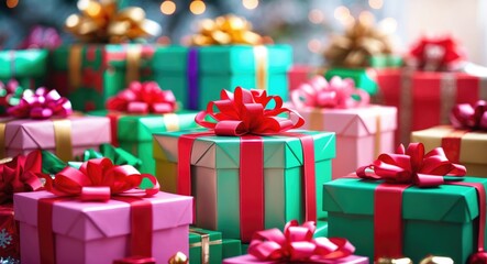 Fototapeta premium Zoomed-in image of assorted colorful gift boxes on a background