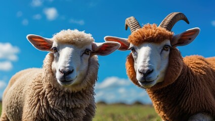 Obraz premium Intimate portrait of two charming young sheep with a blue sky background, domestic farm animals
