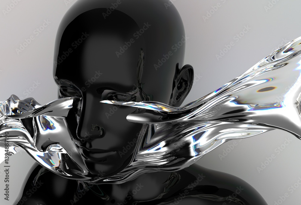 Poster abstract 3d illustration of a glossy black mannequin head merged with flowing, translucent liquid or