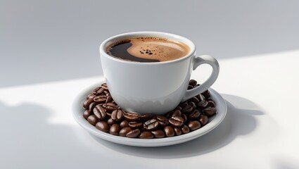 Fototapeta premium Cup of coffee and beans on a white backdrop