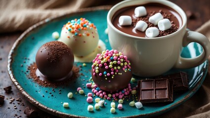 Obraz premium Cocoa bomb that dissolves in warm milk. Chocolate sphere filled with mini marshmallows, dark chocolate, milk chocolate, and cookies and cream essence. Encasing with components. Mug of hot chocolate.