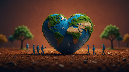 World Health Day concept with tiny people caring for a giant heart-shaped Earth, representing global effort and love for the planet in face of environmental challenges, clean vector illustration
