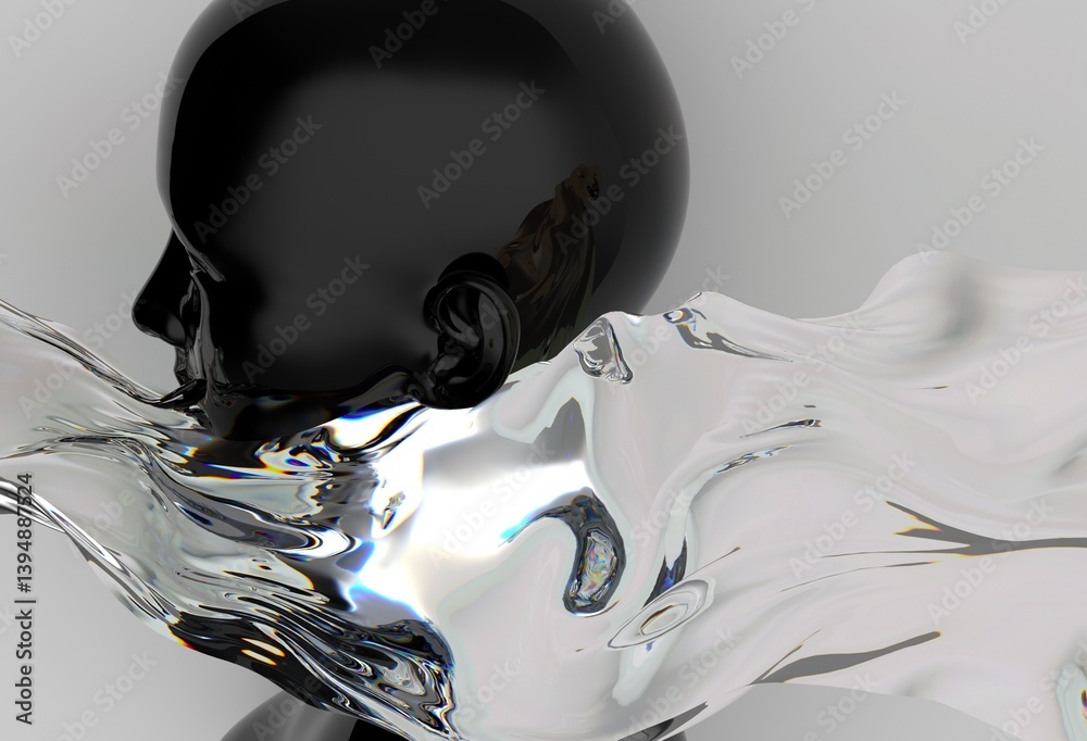 Poster Black head sculpture is enveloped by a flowing, translucent liquid, creating a surreal visual with contrasting solid and fluid elements, evoking movement and transformation.