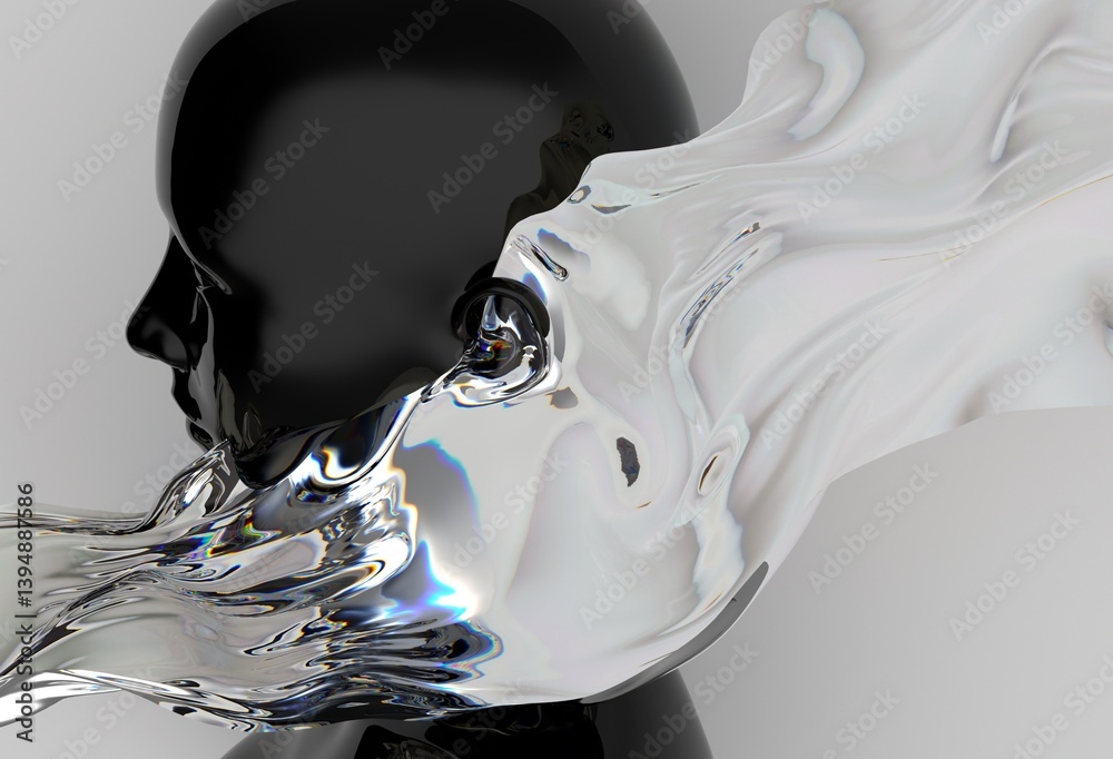 Poster black head sculpture is enveloped by a flowing, translucent liquid, creating a surreal visual with c