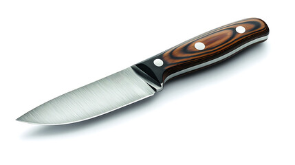 Fototapeta premium A sharp stainless steel paring knife with a decorative wood grain handle and silver rivets on a white background.