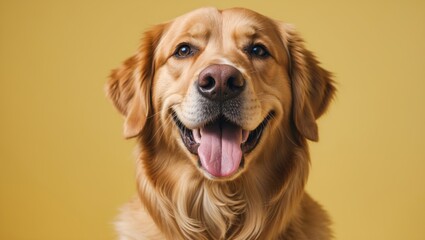 Fototapeta premium content adult golden retriever dog beaming against a yellow background