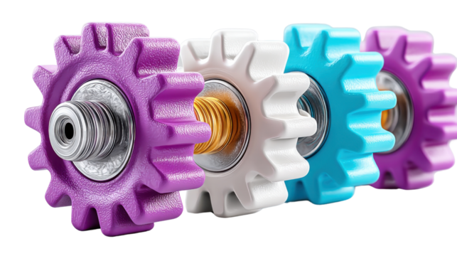 A close up view of various colored metallic gears and cogs representing the inner workings and mechanisms of industrial and technology - Powered by Adobe